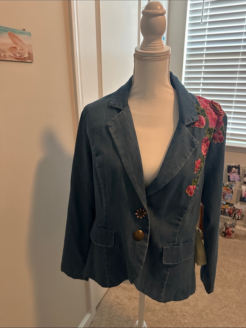 Embroidered Blue Denim Blazer Jacket with Pink Floral Detail - Picture 5 of 6